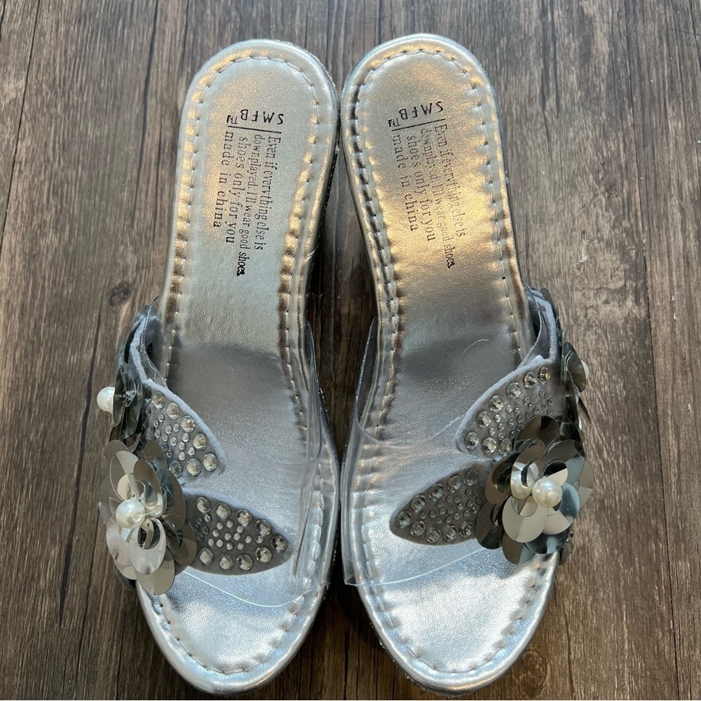 SMBF Silver Glitter Floral Slip On Wedges Platform Sandals Shoes Sparkly Y2K 8 - Picture 10 of 12